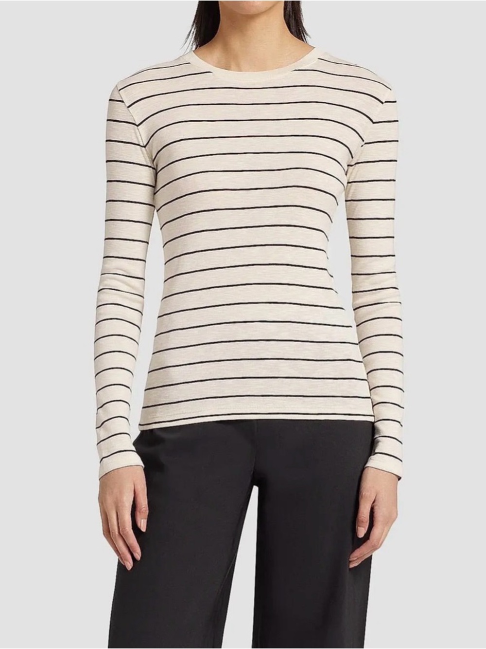Vince Cream and Black Striped Crewneck Sweater